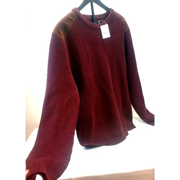 J Crew Sweater Mens CL Burgandy Red Classic Suede Shoulder Patch Ribbed Crew - Picture 2 of 11